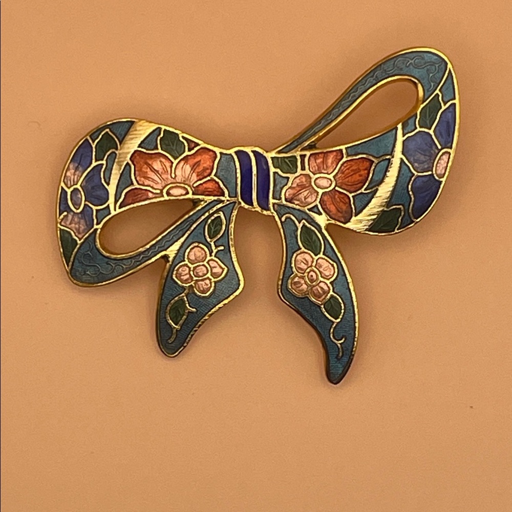 Floral Cloisonné Bow Brooch C38